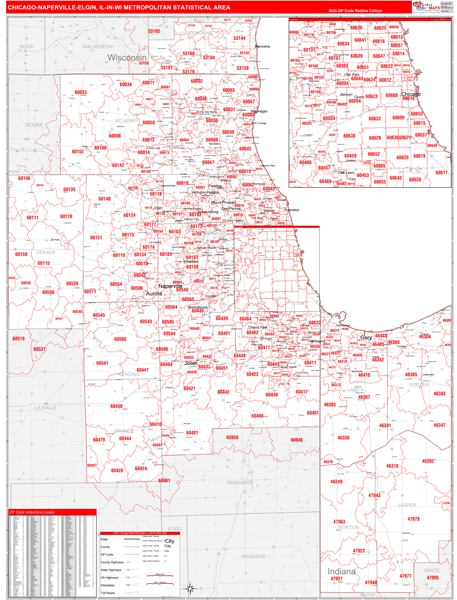 Chicago-Naperville-Elgin Metro Area Wall Map Red Line Style
